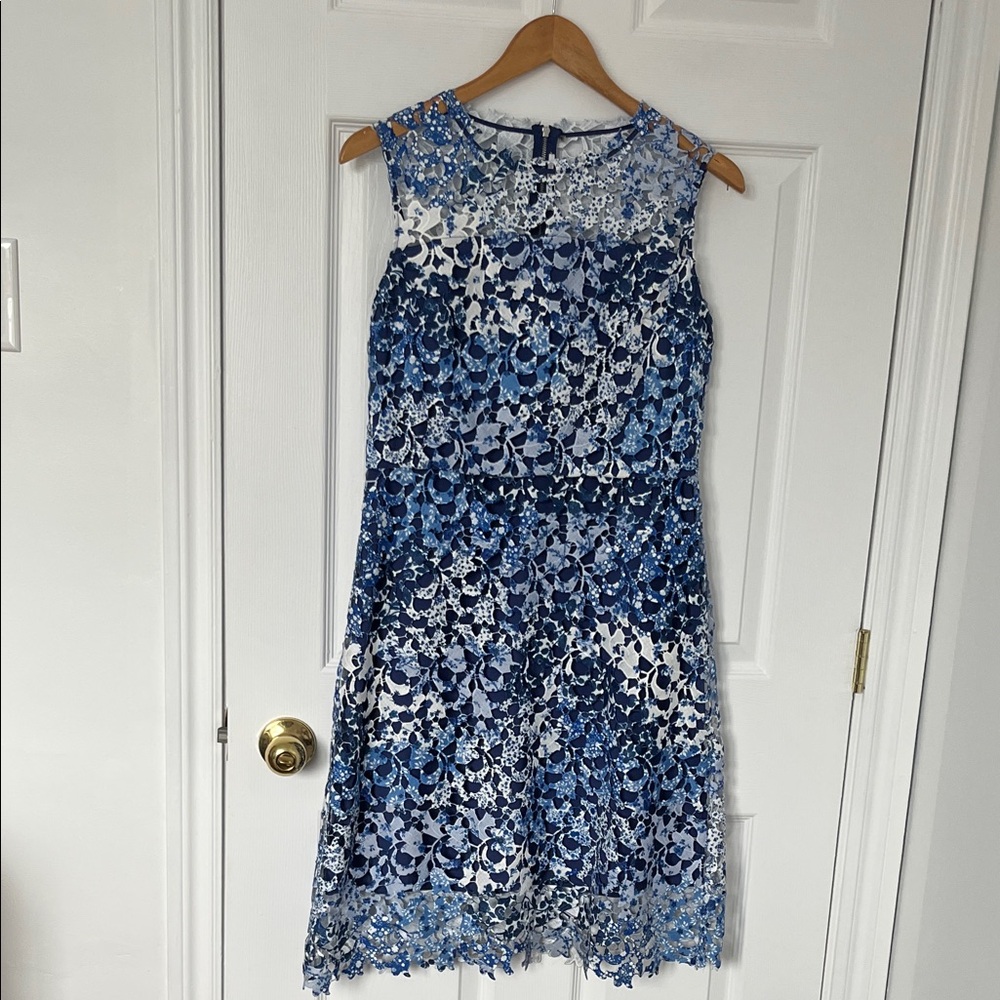 T Tahari Blue and White Lace Midi Dress